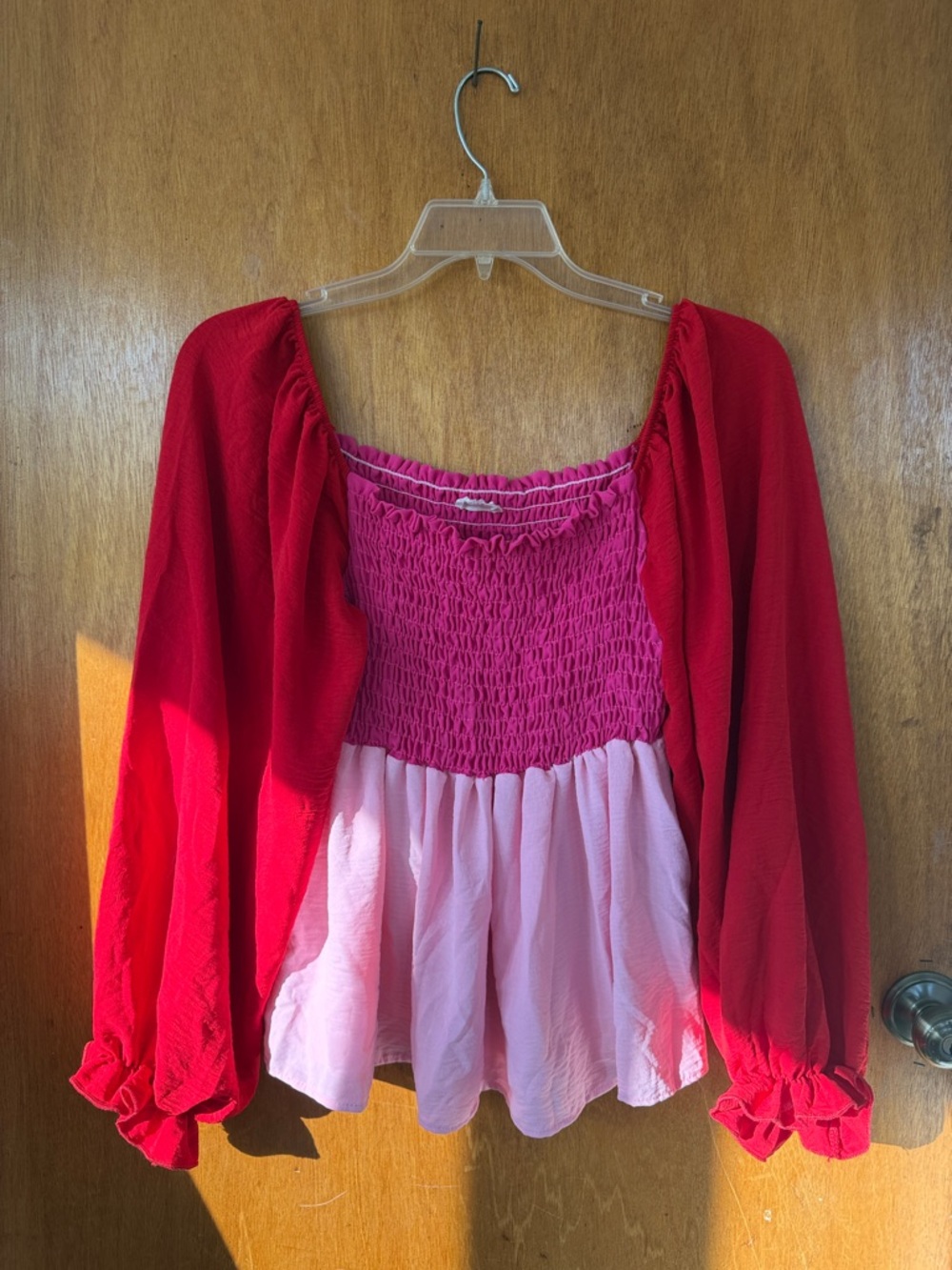 BiBi Red and Pink Smocked Peasant Blouse
